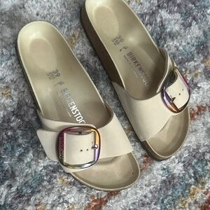 Birkenstock Women's Cream Madrid Slide Sandals with Iridescent Buckles